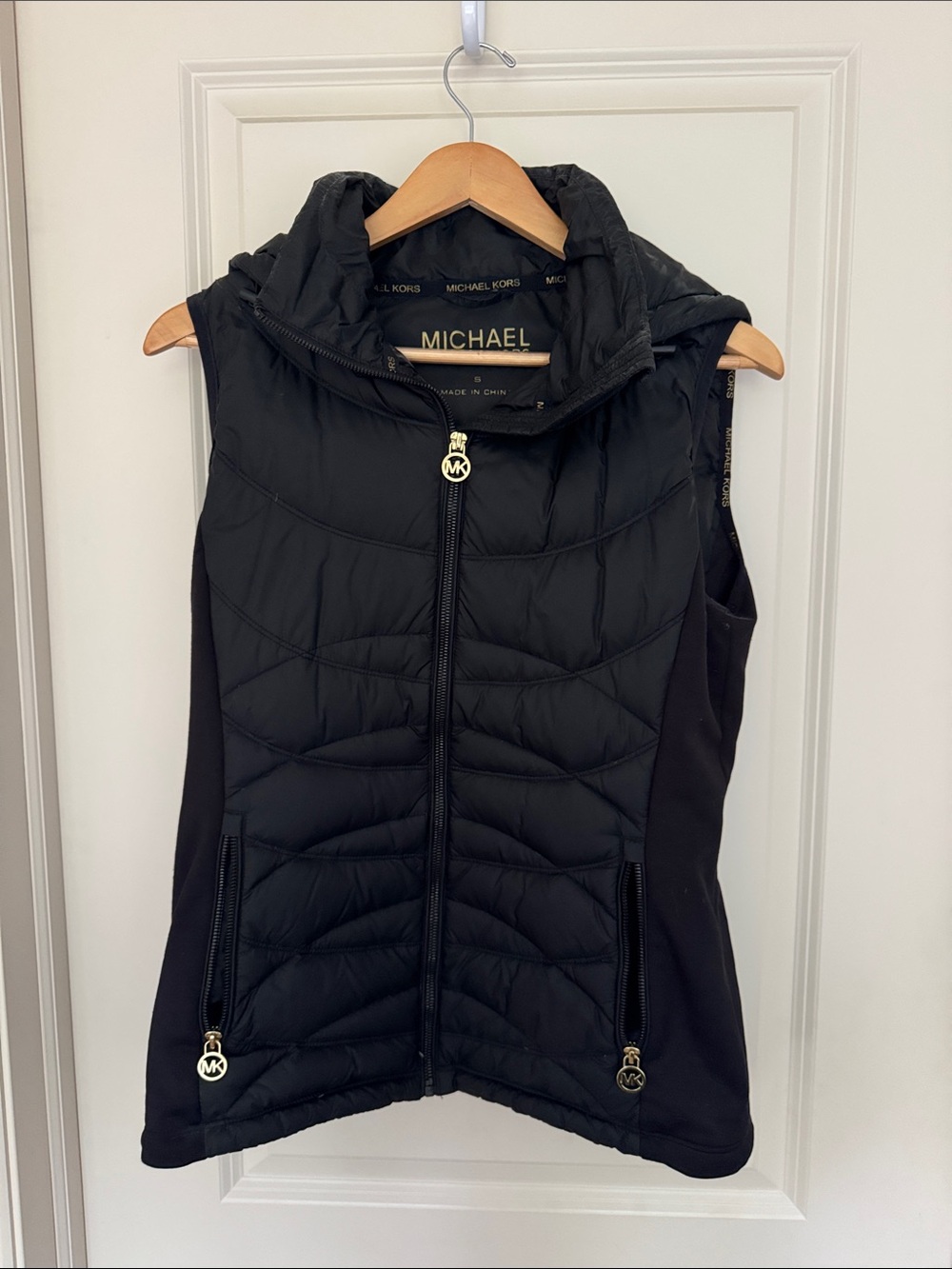 Michael Kors Black Quilted Hooded Vest with Gold Hardware
